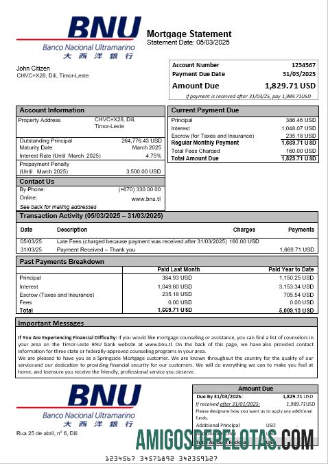 Extrato de hipoteca do Banco BNU de Timor Leste em formato Word e PDF amostra